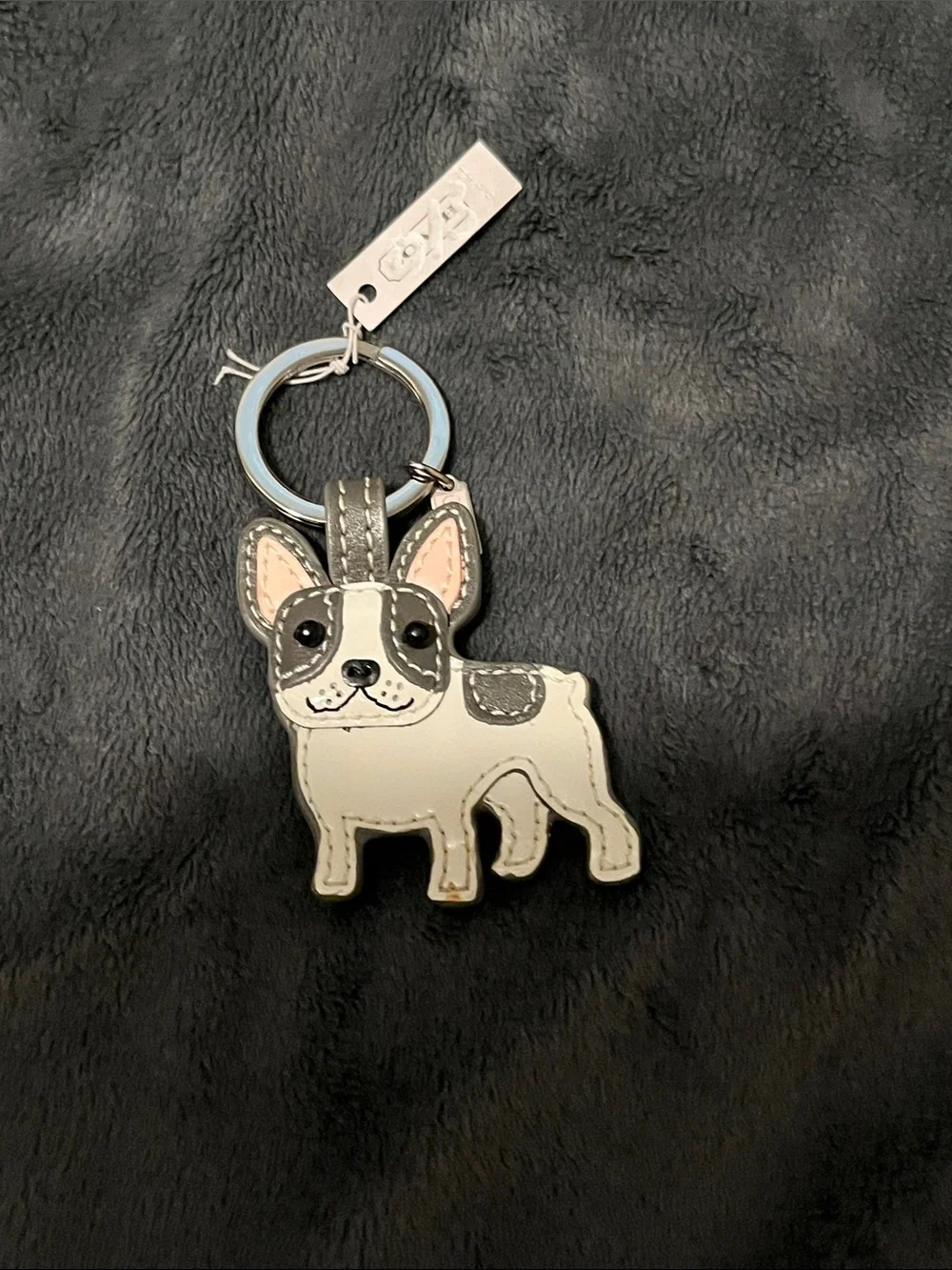 Coach Leather French Bulldog Keychain in White and Gray